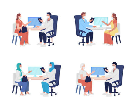 Patient visit to medical professional semi flat color vector characters set. Full body people on white. Ask doctor for help isolated modern cartoon style illustration for graphic design and animationのイラスト素材