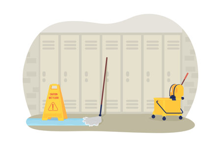 Empty school hallway 2D vector isolated illustration.   Mopping equipment at corridor flat characters on cartoon background. No students at school colorful scene.のイラスト素材