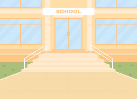 Daylight empty school entrance flat color vector illustration. School building front 2D cartoon exterior with entry on background. No pupils at entrance.のイラスト素材
