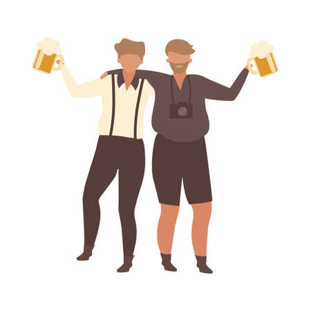 Tourists participating at Oktoberfest semi flat color vector characters. Full body people on white. Festival for beer lovers isolated modern cartoon style illustration for graphic design and animationのイラスト素材