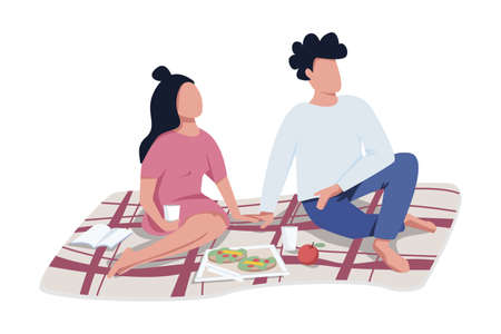 Couple on romantic picnic date semi flat color vector characters. Full body people on white. Spending time together outdoors isolated modern cartoon style illustration for graphic design and animationのイラスト素材