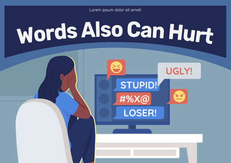 Anti cyberbullying poster flat vector template. Teen problem. Brochure, booklet one page concept design with cartoon characters. Social media harassment flyer, leaflet with copy spaceのイラスト素材