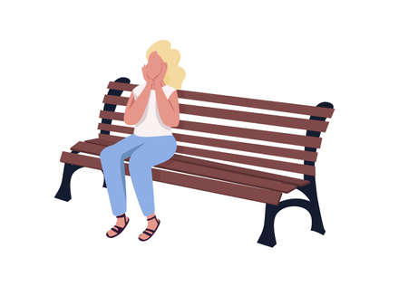 Pleased girl sitting on bench semi flat color vector character. Full body person on white. Park visitor relaxing isolated modern cartoon style illustration for graphic design and animationのイラスト素材