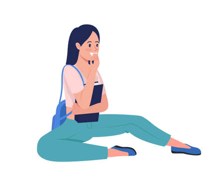 Laughing teen girl semi flat color vector character. Sitting figure. Full body person on white. Teenager isolated modern cartoon style illustration for graphic design and animationのイラスト素材