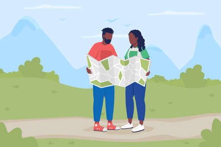 Trekkers with map on road flat color vector illustration. Backpackers planning tour. Boyfriend and girlfriend searching for trail route 2D cartoon characters with landscape on backgroundのイラスト素材