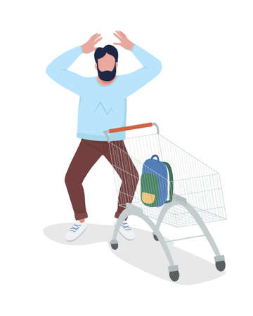 Shocked man with shopping cart semi flat color vector character. Posing figure. Full body person on white. Clearance sale isolated modern cartoon style illustration for graphic design and animationのイラスト素材