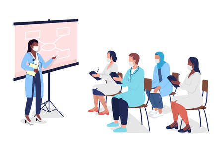 Medical tutor with students semi flat color vector characters. Diverse figures. Full body people on white. Presentation isolated modern cartoon style illustration for graphic design and animationのイラスト素材