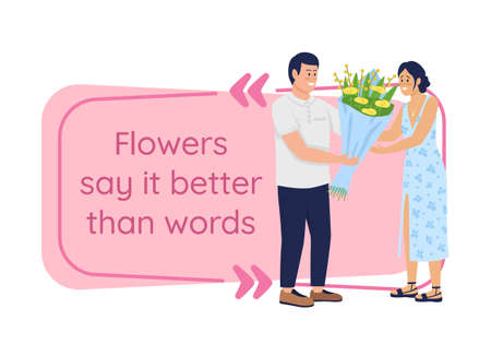 Gifting bouquet vector quote box with flat character. Romantic present. Flower say it better than words. Speech bubble with cartoon illustration. Colorful quotation design on white backgroundのイラスト素材