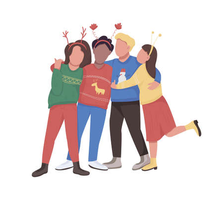 Friends on Christmas semi flat color vector characters. Standing figures. Full body people on white. New Year party isolated modern cartoon style illustration for graphic design and animationのイラスト素材