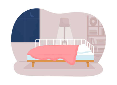 Teen bedroom 2D vector isolated illustration. Comfortable home and bedding for children. Nighttime routine at household. Room flat scene on cartoon background. Room interior colorful sceneのイラスト素材