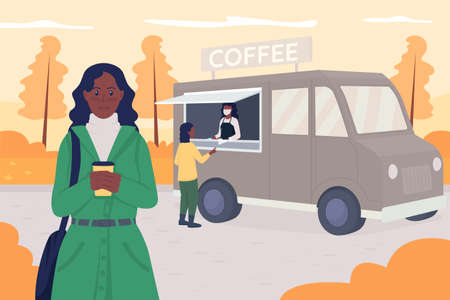 Walk in autumn flat color vector illustration. Buying hot drink for espresso bar in van. Fall activity. Young woman with take out coffee 2D cartoon characters with urban outdoor on backgroundのイラスト素材