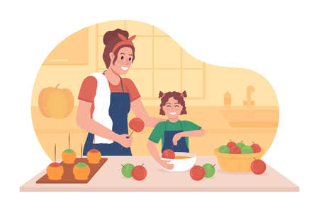 Cooking with kid in fall 2D vector isolated illustration. Making apples in frosting. Mother with kid spending time together flat characters on cartoon background. Fall treats colorful sceneのイラスト素材