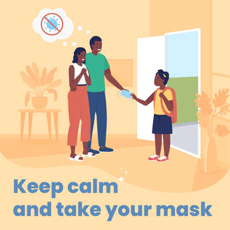 Back to school in quarantine social media post mockup. Keep calm, take your mask phrase. Web banner design template. Booster, content layout with inscription. Poster, print ads and flat illustrationのイラスト素材