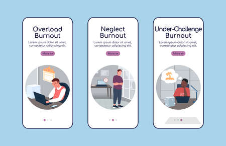 Burnout types onboarding mobile app screen flat vector template. Stressed from work. Walkthrough website 3 steps with characters. Creative UX, UI, GUI smartphone cartoon interface, case prints setのイラスト素材