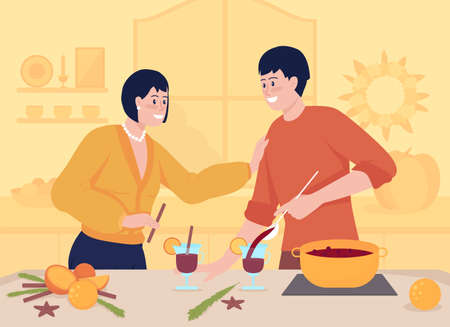 Autumn drinks flat color vector illustration. Cooking mulled wine at home together. Smiling man and woman. Happy couple in kitchen 2D cartoon characters with interior on backgroundのイラスト素材