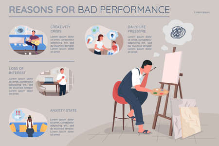 Reasons for bad performance flat color vector infographic template. Poster with text, PPT page concept design with cartoon characters. Creative data visualization. Info banner ideaのイラスト素材