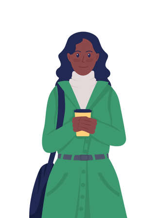 Girl with coffee in coat semi flat color vector character. Posing figure. Full body person on white. Autumn isolated modern cartoon style illustration for graphic design and animationのイラスト素材