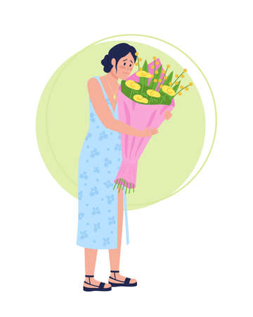 Happy woman with bouquet semi flat color vector character. Posing figure. Full body person on white. Flower delivery isolated modern cartoon style illustration for graphic design and animationのイラスト素材