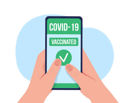 Mobile vaccination passport 2D vector isolated illustration. Hands holding smartphone with immunization pass flat scene on cartoon background. Medical electronic document colorful sceneのイラスト素材