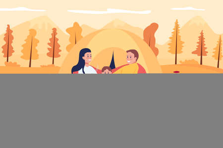 Family camping in october flat color vector illustration. Mother and father sitting with kid in fall scenery. Happy parents with child 2D cartoon characters with landscape on backgroundのイラスト素材
