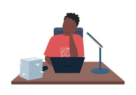 Man tired from work semi flat color vector character. Sitting figure. Full body person on white. Paperwork overload isolated modern cartoon style illustration for graphic design and animationのイラスト素材