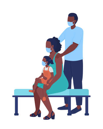 Family in masks waiting semi flat color vector characters. Posing figures. Full body people on white. Doctor visit isolated modern cartoon style illustration for graphic design and animationのイラスト素材
