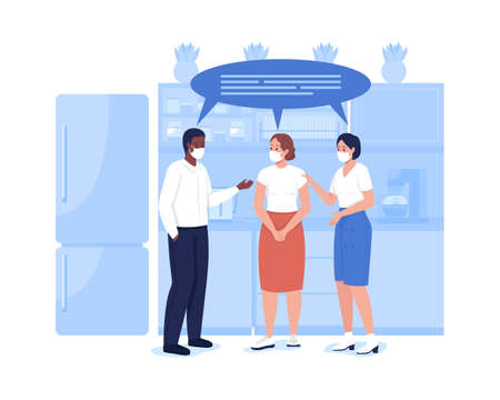 Workers in masks 2D vector isolated illustration. Lunch break in corporate kitchen. Employee in respiratory face masks flat characters on cartoon background. After workplace colorful sceneのイラスト素材