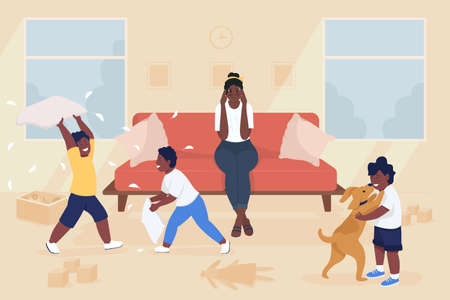 Stress of motherhood flat color vector illustration. Naughty kids making mess in living room. Tired mom with loud children 2D cartoon characters with household interior on backgroundのイラスト素材