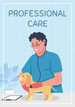 Veterinarian appointment poster flat vector template. Medical check for dog. Brochure, booklet one page concept design with cartoon characters. Professional care flyer, leaflet with copy spaceのイラスト素材