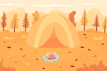 Autumn camping flat color vector illustration. Tent in front of campfire. Recreation in november. Autumnal expedition. Fall recreation 2D cartoon landscape with no people on backgroundのイラスト素材
