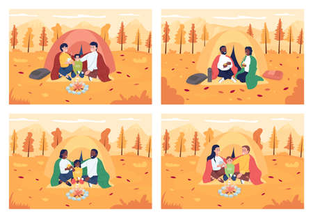 Family camping during fall flat color vector illustration set. Mother and father sitting with kid in hiking tent. Parents and children in tent 2D cartoon characters with landscape on background packのイラスト素材