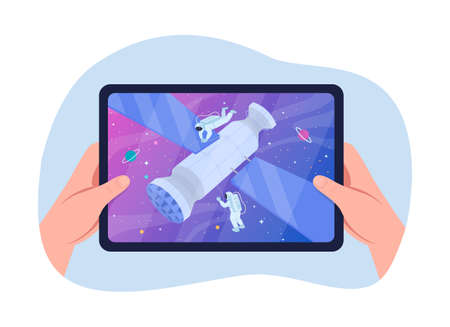 Watching science fiction film 2D vector isolated illustration. Recording of satellite in outer space. Space exploration. Holding tablet flat first view hands on cartoon background. colourful sceneのイラスト素材
