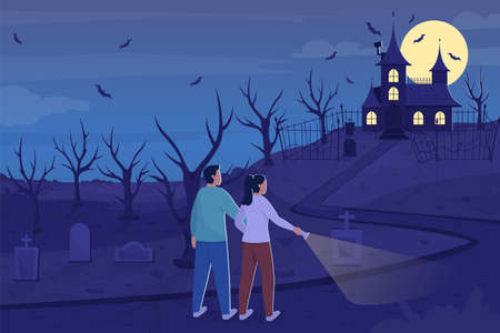Explore haunted mansion at night flat color vector illustration. Go to creepy cemetary at nighttime for Halloween. Couples 2D cartoon characters with creepy house on hill on backgroundのイラスト素材