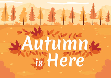 Autumn is here poster flat vector template. Seasonal decorative panoramic landscape. Brochure, booklet one page concept design with cartoon scenery. Fall flyer, leaflet with copy spaceのイラスト素材