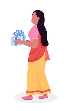 Woman in sari giving gift semi flat color vector character. Posing figure. Full body person on white. Celebrate Diwali isolated modern cartoon style illustration for graphic design and animationのイラスト素材