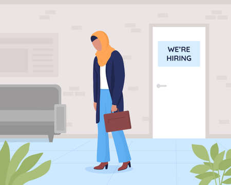 Job interview failure flat color vector illustration. Unemployment problem. Dismissed employee. Deniend of work position. Sad woman 2D cartoon characters with office interior on backgroundのイラスト素材