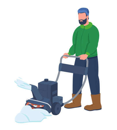 Man working with snowplow semi flat color vector character. Dynamic figure. Full body person on white. Winter season isolated modern cartoon style illustration for graphic design and animationのイラスト素材