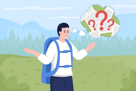Hiker lost in woods flat color vector illustration. Dangerous circumstance. Traveler in survival situation. Being lost outdoors 2D cartoon character with forest landscape on backgroundのイラスト素材