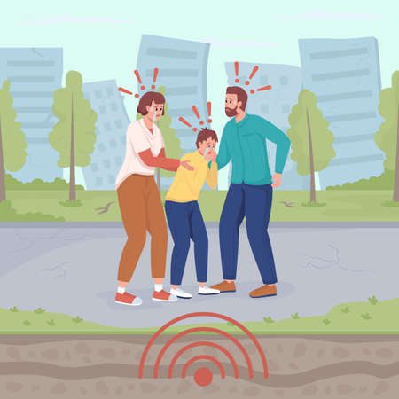 Feeling earthquake shaking flat color vector illustration. Frightening experience of natural disaster. Family scared of quake struck 2D cartoon characters with urban area on backgroundのイラスト素材