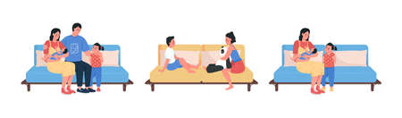 Family on sofa semi flat color vector character set. Posings figures. Full body people on white. Relationships isolated modern cartoon style illustration for graphic design and animation packのイラスト素材
