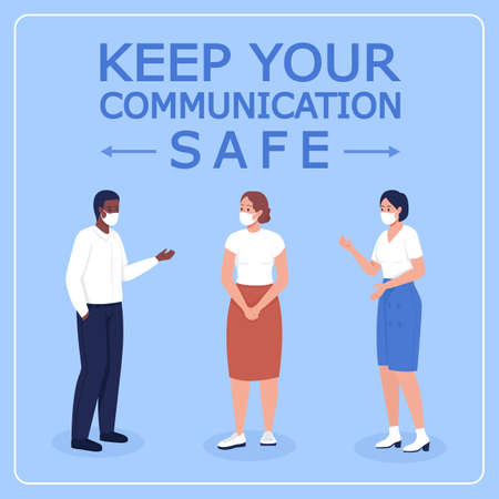 After covid office safety social media post mockup. Keep your communication safe phrase. Web banner design template. Booster, content layout with inscription. Poster, print ads and flat illustrationのイラスト素材