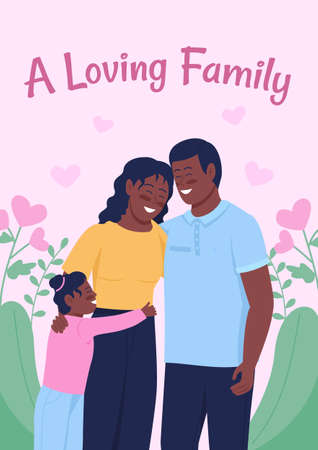 Loving family poster flat vector template. Positive relationships. Brochure, booklet one page concept design with cartoon characters. Family members happiness flyer, leaflet with copy spaceのイラスト素材