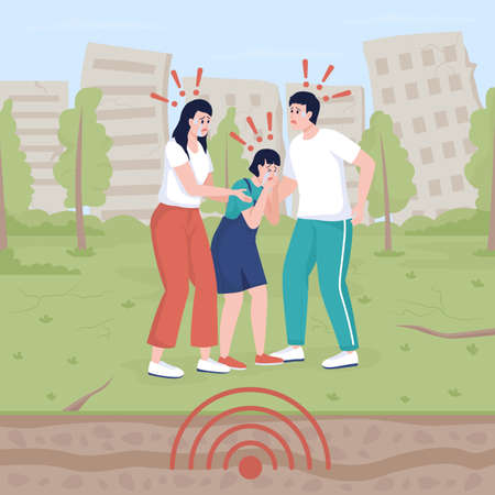 Intense ground shaking from earthquake flat color vector illustration. Emotional distress. Couple with kid becoming frightened of quake 2D cartoon characters with collapsing buildings on backgroundのイラスト素材