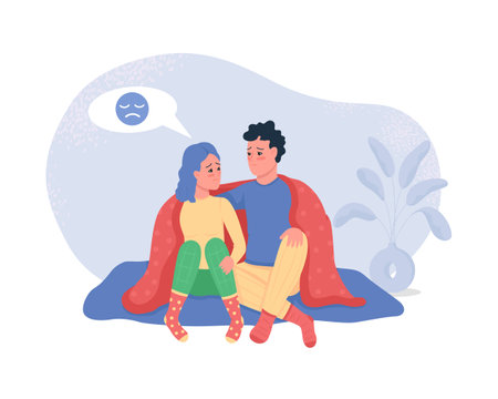 Couple talking about worries 2D vector isolated illustration. Upset girl speaking with boyfriend. Romantic partners flat characters on cartoon background. Relationship problems colorful sceneのイラスト素材