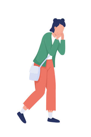 Depressed schoolgirl semi flat color vector character. Full body person on white. Crying student walking back home isolated modern cartoon style illustration for graphic design and animationのイラスト素材