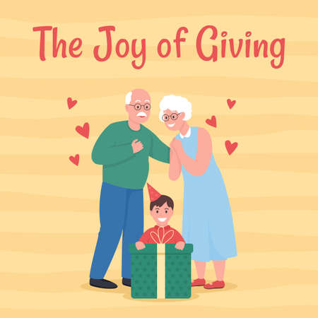 Grandparents gifts social media post mockup. Joy of giving phrase. Web banner design template. Family celebrate holiday booster, content layout with inscription. Poster, print ad and flat illustrationのイラスト素材