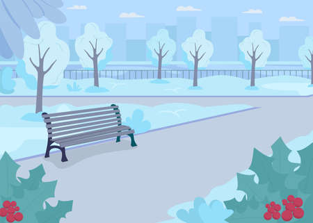 Wintertime urban park flat color vector illustration. Christmas season in city boulevard. Panoramic view on residential area. Winter 2D cartoon landscape with trees under snow on backgroundのイラスト素材