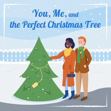 Winter holiday social media post mockup. You, me and perfect Christmas tree phrase. Web banner design template. Booster, content layout with inscription. Poster, print ads and flat illustrationのイラスト素材