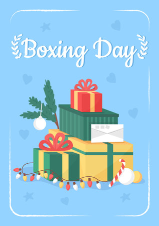 Boxing day poster flat vector template. Winter holidays celebration. Brochure, booklet one page concept design with cartoon characters. Christmastide flyer, leaflet with copy spaceのイラスト素材