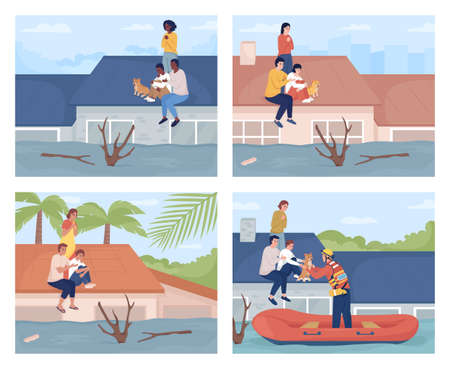 Family trapped on rooftop during flood flat color vector illustrations set. Catastrophic flooding. Surviving from flooded homes 2D cartoon characters collection with cityscape on backgroundのイラスト素材